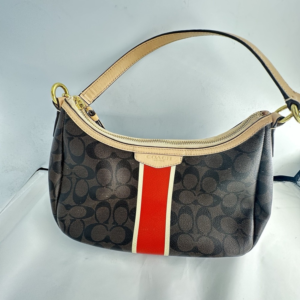 Coach 2014 Signature Stripe Demi Satchel Handbag Shoulder Bag-Khaki/Red